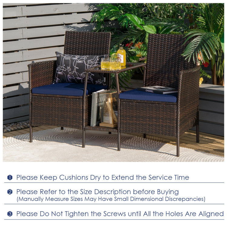 Rattan Wicker Conversation Set with Cushioned Loveseat and Glass Table