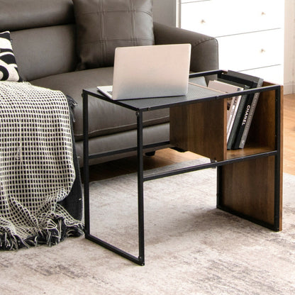 2-Tier C-Shaped Reversible End Table with Wooden Shelf for Living Room