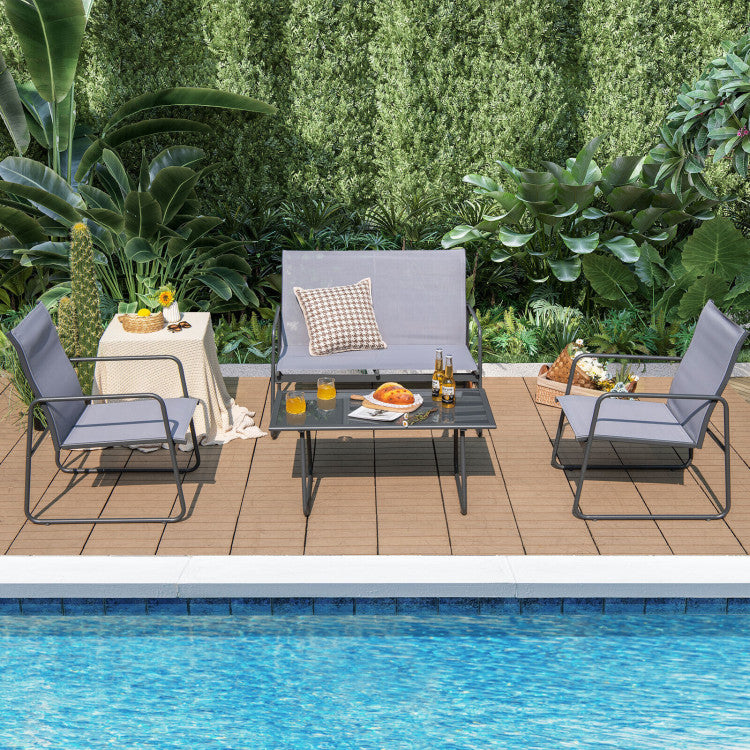 4-Piece of Metal Patio Furniture Chat Set with Tempered Glass Coffee Table