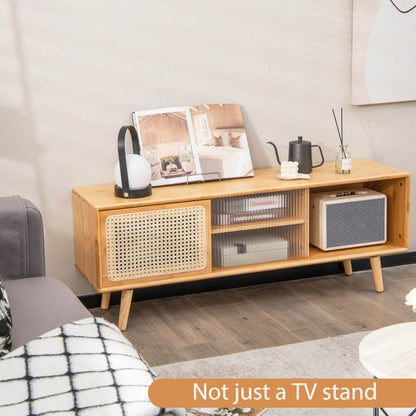 Modern TV Stand with Rattan Glass Sliding Doors