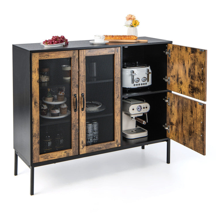 48" Industrial Kitchen Buffet Sideboard with Metal Mesh Doors and Anti-toppling Device