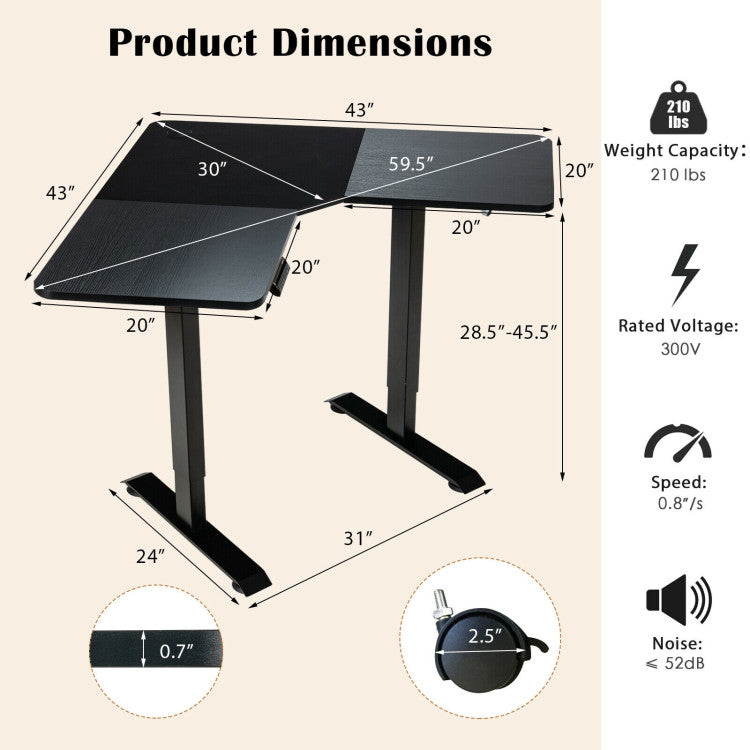 L-shaped Electric Standing Desk with 4 Memory Positions and LCD Display