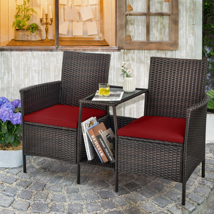 Rattan Wicker Conversation Set with Cushioned Loveseat and Glass Table