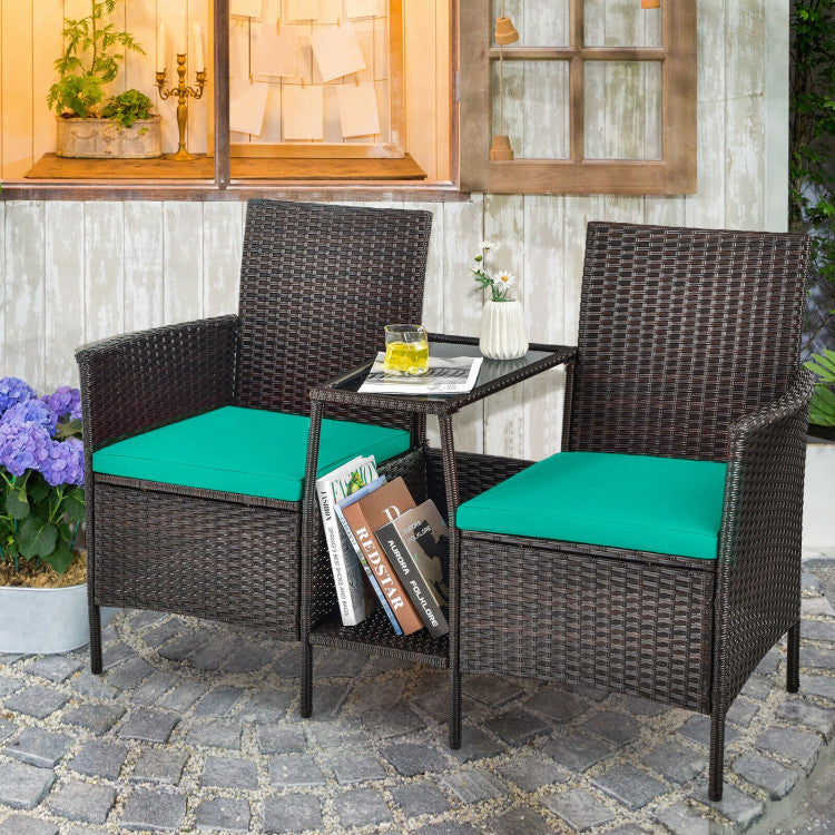 Rattan Wicker Conversation Set with Cushioned Loveseat and Glass Table