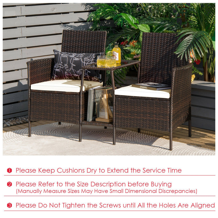 Rattan Wicker Conversation Set with Cushioned Loveseat and Glass Table