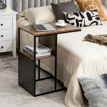 2-Tier C-Shaped Reversible End Table with Wooden Shelf for Living Room