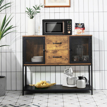 Industrial Buffet Sideboard Kitchen Cupboard with Metal Mesh Doors and 2 Drawers