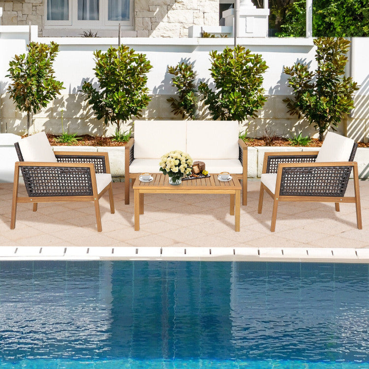 4-Piece Patio Rattan Furniture Set with Removable Cushions