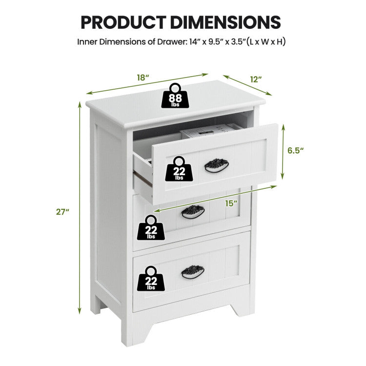 3 Drawers End Storage Wood Side Nightstand