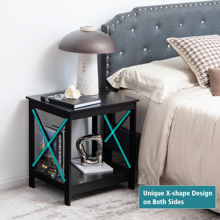 2-Tier Side Table with X-shape Design and 4 Solid Legs