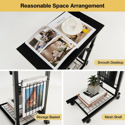 Adjustable C-shape Sofa Side Table with Storage Basket