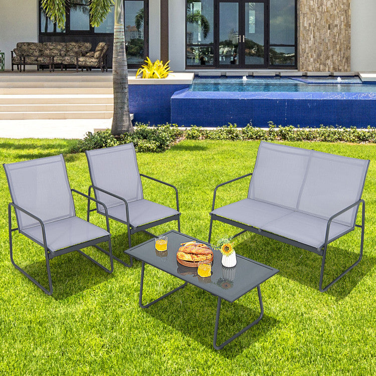 4-Piece of Metal Patio Furniture Chat Set with Tempered Glass Coffee Table