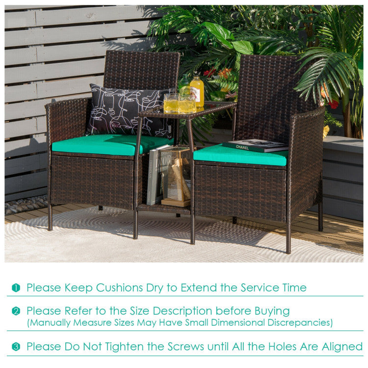 Rattan Wicker Conversation Set with Cushioned Loveseat and Glass Table