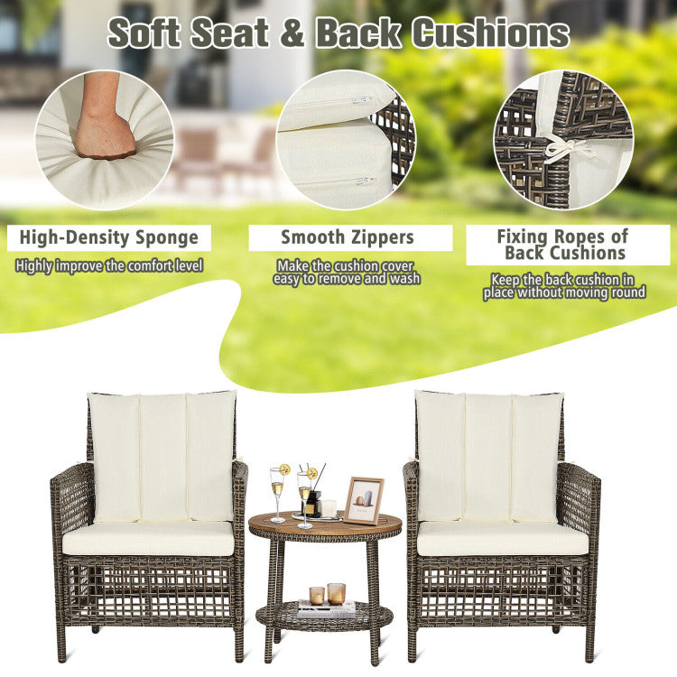 3-Piece Patio Rattan Furniture Set with Cushioned Sofas and Wood Table Top