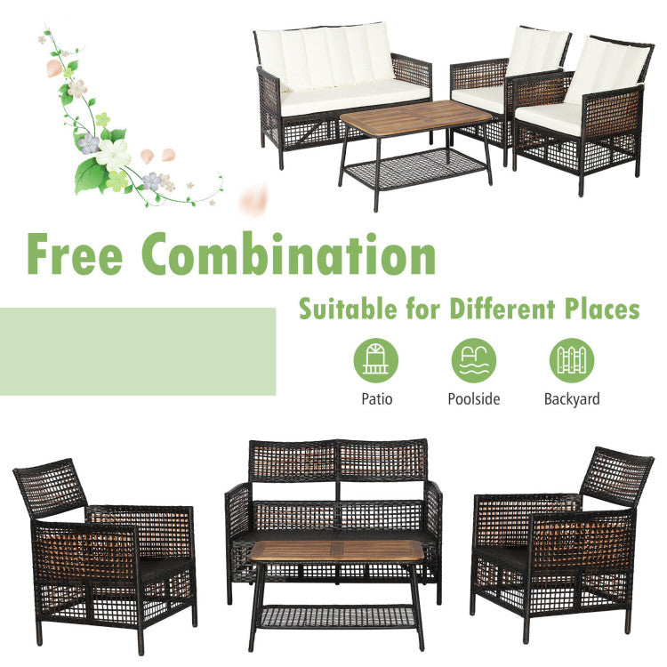 4-Piece Patio Rattan Furniture Set with 2-Tier Coffee Table