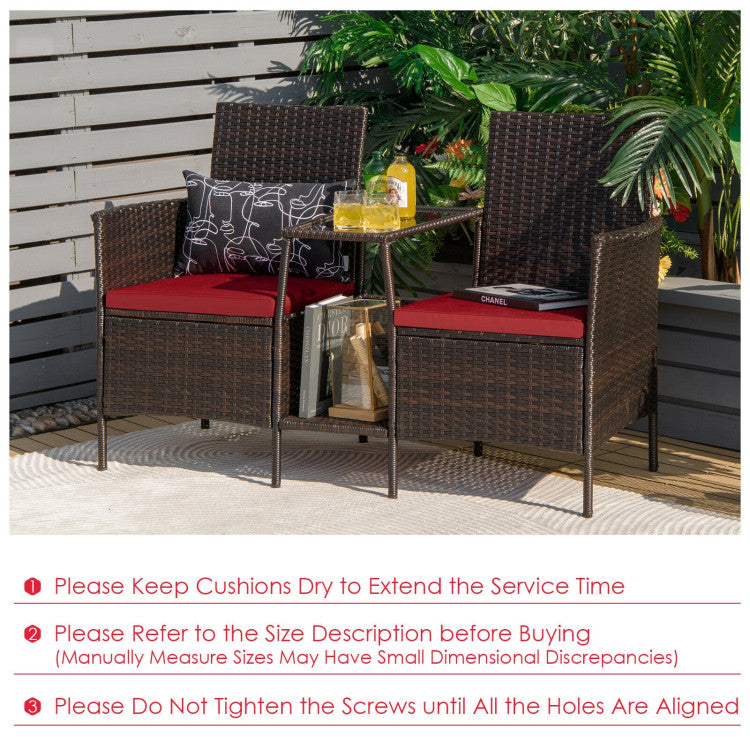 Rattan Wicker Conversation Set with Cushioned Loveseat and Glass Table