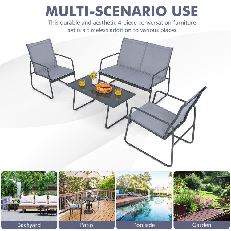 4-Piece of Metal Patio Furniture Chat Set with Tempered Glass Coffee Table