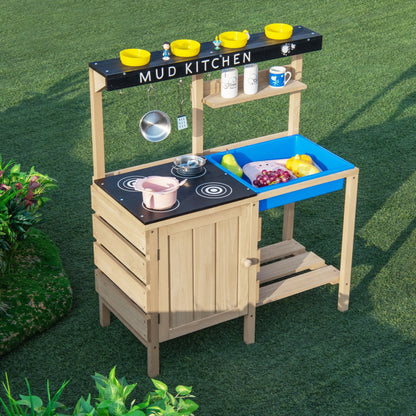 Costway Outdoor Mud Kids Kitchen Playset Wooden Pretend Play Toy with Kitchenware