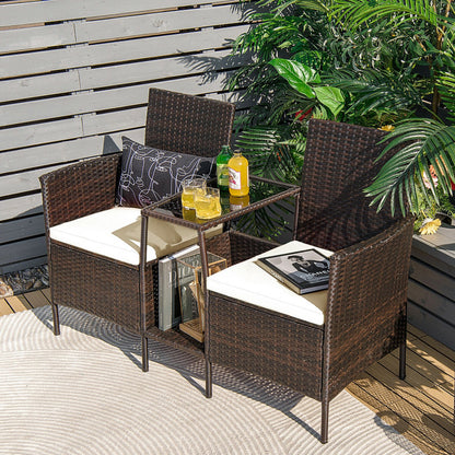 Rattan Wicker Conversation Set with Cushioned Loveseat and Glass Table