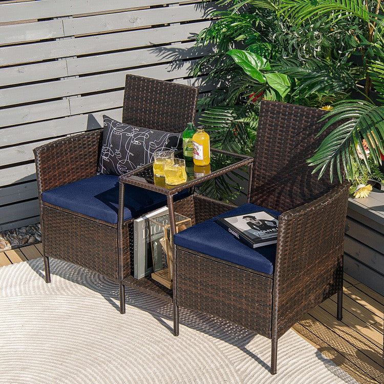 Rattan Wicker Conversation Set with Cushioned Loveseat and Glass Table