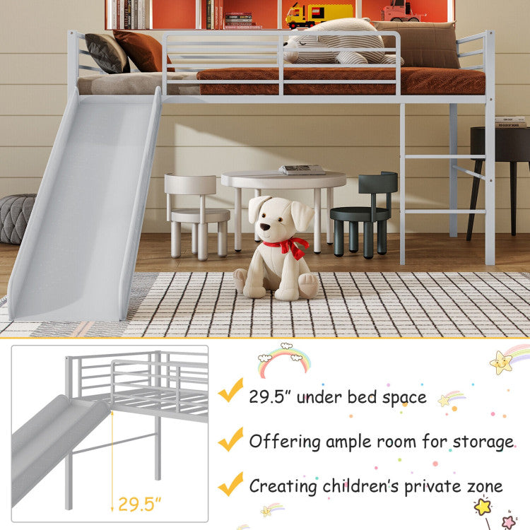 Twin Metal Loft Bed with Slide Safety Guardrails and Built-in Ladder
