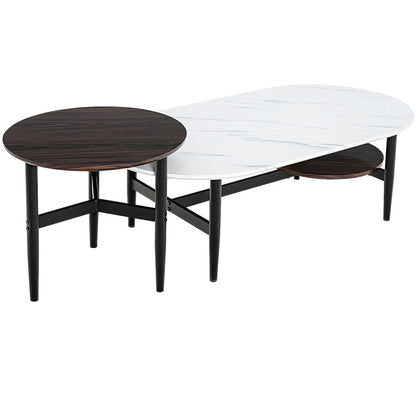 2 in 1 Nesting Coffee Table with Oval Coffee Table and Small Round Table