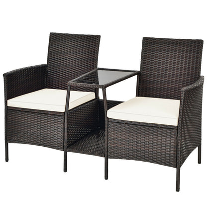 Rattan Wicker Conversation Set with Cushioned Loveseat and Glass Table