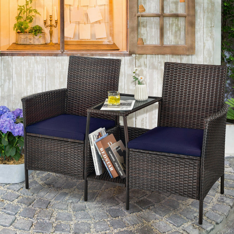 Rattan Wicker Conversation Set with Cushioned Loveseat and Glass Table