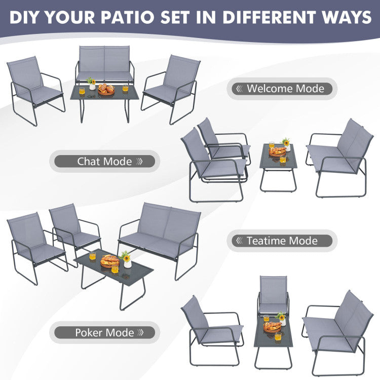 4-Piece of Metal Patio Furniture Chat Set with Tempered Glass Coffee Table