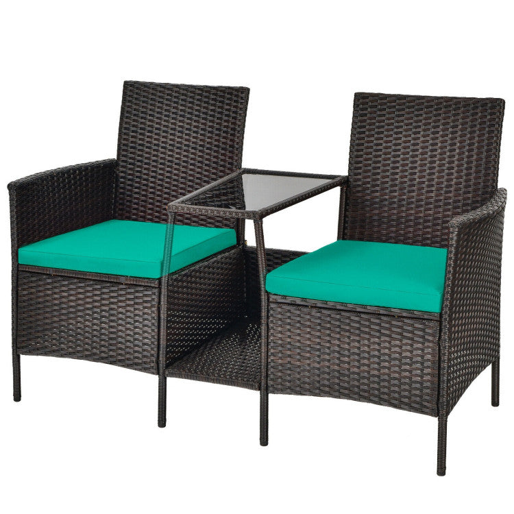 Rattan Wicker Conversation Set with Cushioned Loveseat and Glass Table