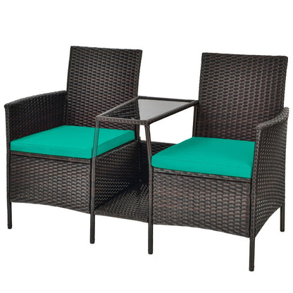 Rattan Wicker Conversation Set with Cushioned Loveseat and Glass Table