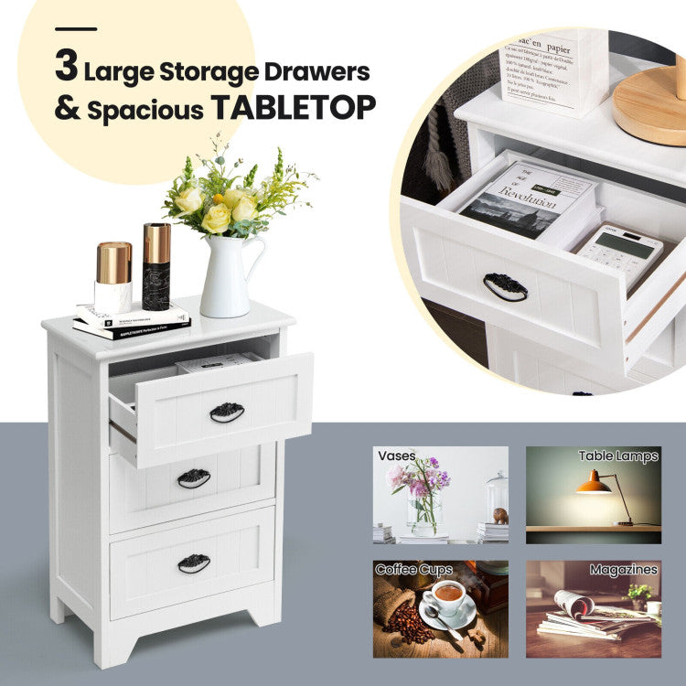 3 Drawers End Storage Wood Side Nightstand