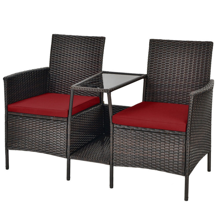 Rattan Wicker Conversation Set with Cushioned Loveseat and Glass Table