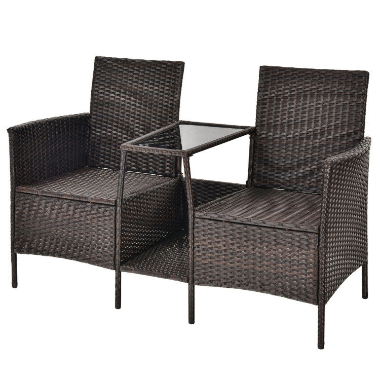 Rattan Wicker Conversation Set with Cushioned Loveseat and Glass Table