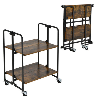 2-Tier Folding Rolling Cart with Metal Frame