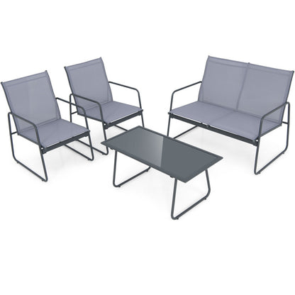 4-Piece of Metal Patio Furniture Chat Set with Tempered Glass Coffee Table