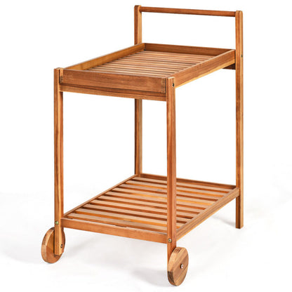 2-Tier Acacia Rolling Kitchen Trolley Cart