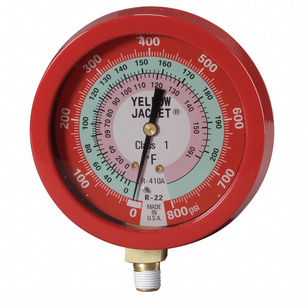 Gauge, 3 1/8In Dia, High Side, Red, 800 psi