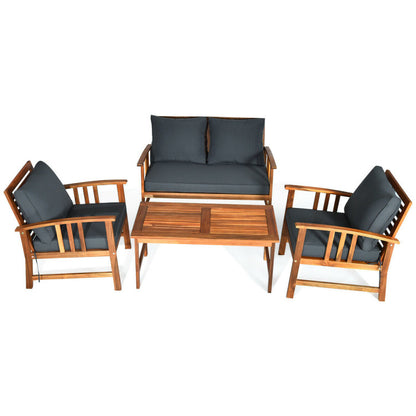 4-Piece Wooden Patio Sofa Chair Set with Cushion