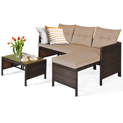 3 Pieces Outdoor Patio Corner Rattan Sofa Set