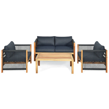 4-Piece Acacia Wood Sofa Set with Cushions for Outdoor Patio