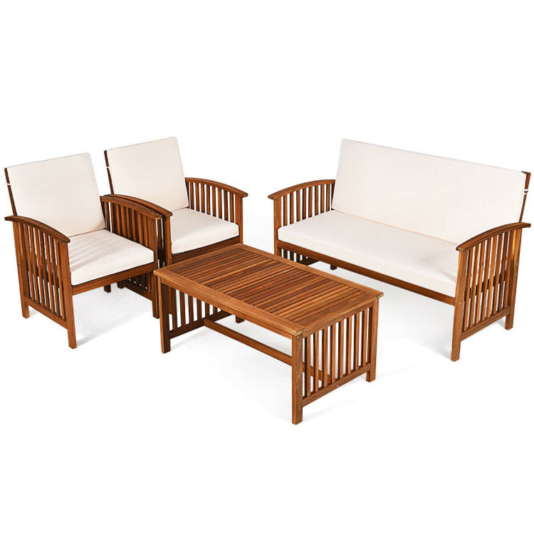 4-Piece Patio Solid Wood Furniture Set with Water Resistant Cushions