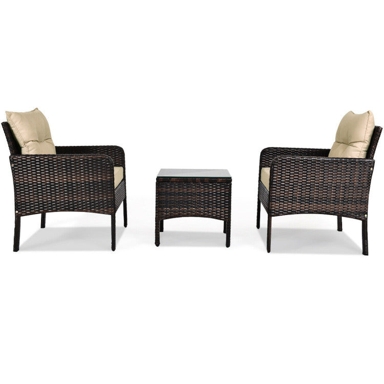 3-Piece Outdoor Patio Rattan Conversation Set with Seat Cushions