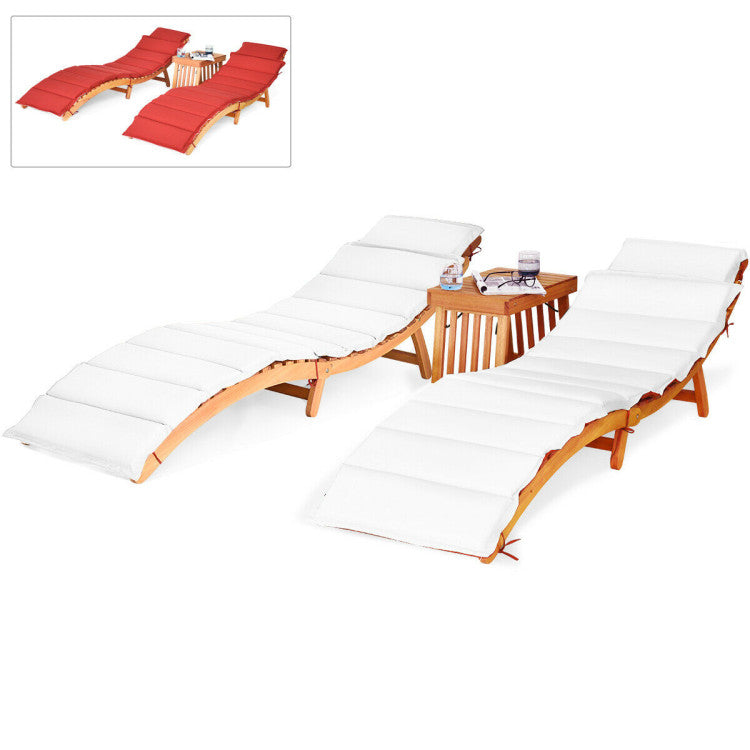 3-Piece Folding Patio Eucalyptus Wood Lounge Chair Set with Foldable Side Table