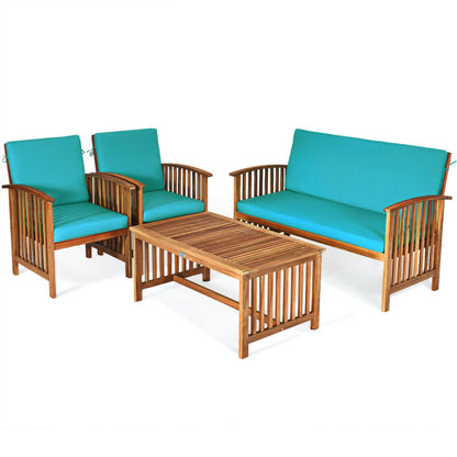 4-Piece Patio Solid Wood Furniture Set with Water Resistant Cushions