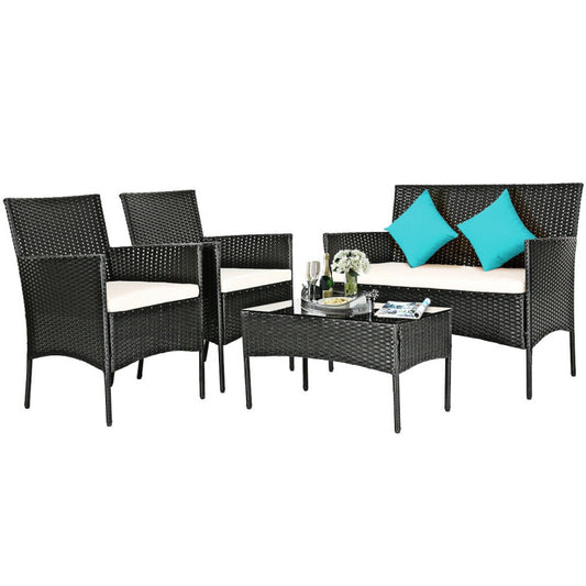 4-Piece Patio Rattan Cushioned Sofa Set with Tempered Glass Coffee Table