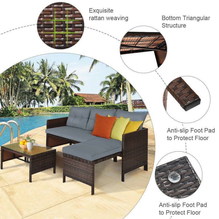 3 Pieces Outdoor Patio Corner Rattan Sofa Set