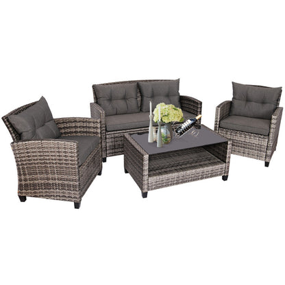 4-Piece Patio Rattan Furniture Set Coffee Table Cushioned Sofa