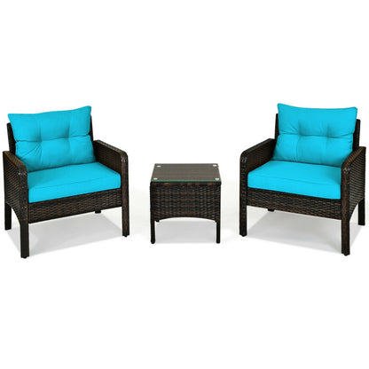 3-Piece Outdoor Patio Rattan Conversation Set with Seat Cushions