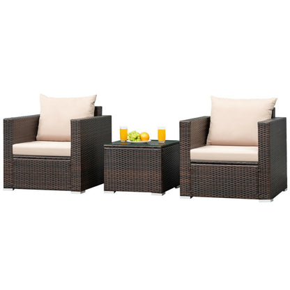 3-Piece Patio Conversation Rattan Furniture Set with Cushion